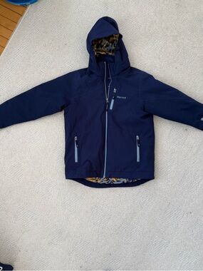 Marmot Kids Navy Hooded Rain Jacket with Contrasting Lining